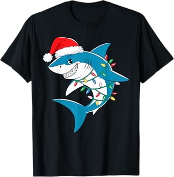 Shark Christmas Lights Santa Hat Xmas Pajama Boys Girls Kids T-Shirt