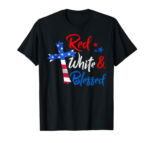 Christian Cross Red White & Blessed 4th Of July Men Women T-Shirt