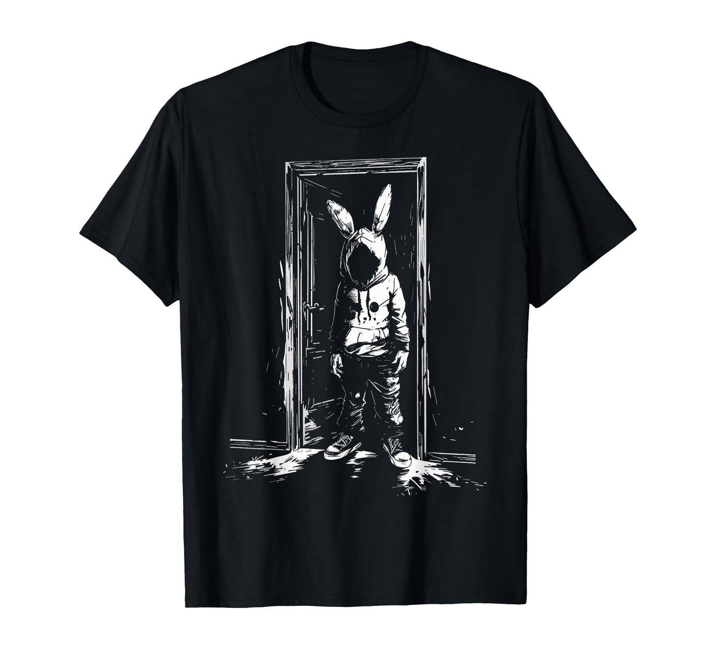 Horror Bunny Mask Man Rabbit Alt Goth Slasher Creepy Door T-Shirt