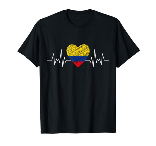 Colombia Flag With Heartbeat Pride Grunge Colombian Flag T-Shirt