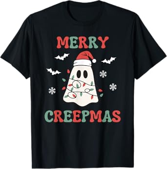 Merry Creepmas Christmas Ghost Wrapped in Lights Cute Kawaii T-Shirt