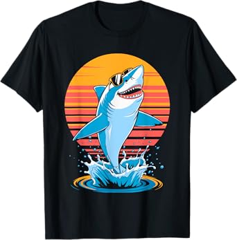 Retro Sunset Cool Shark in Sunglasses Funny Animal Sharks T-Shirt