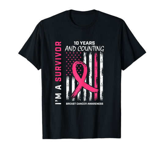 10 Year Survivor Gifts Pink Breast Cancer Free American Flag T-Shirt for Women
