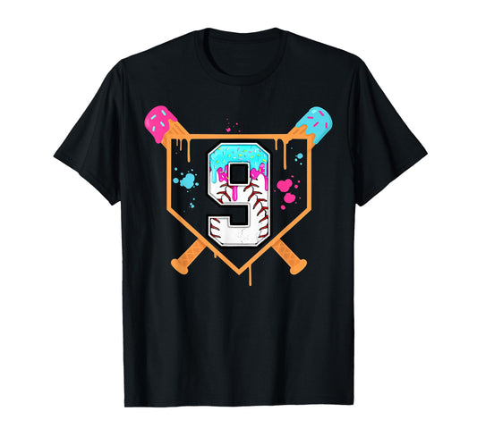 Baseball 9th Birthday Ice Cream Drip 9 Year Old Birthday Boy T-Shirt