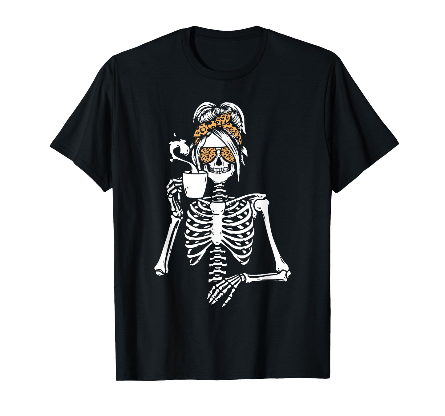 Skeleton Messy Bun Coffee Drinking Halloween Costume Women T-Shirt