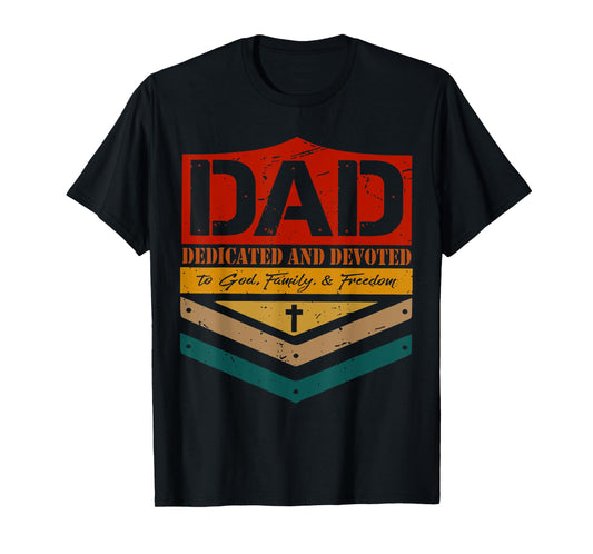 Vintage Dad Dedicated & Devoted Happy Fathers Day Christian T-Shirt