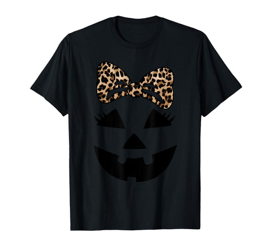 Jack O Lantern Face Pumpkin Hallowen Leopard Print Bow Tie T-Shirt