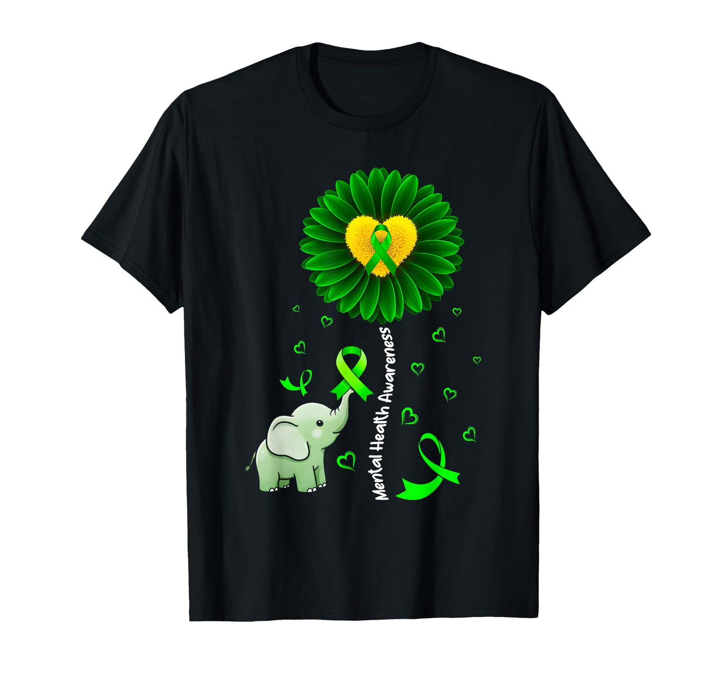 Mental Health Awareness Sunflower Green Ribbon Elephant T-Shirt