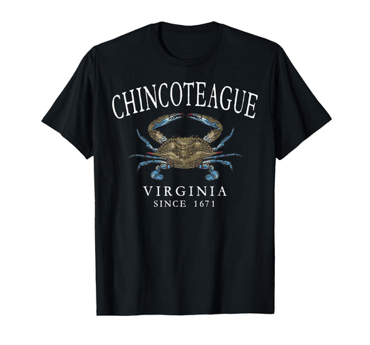 Chincoteague Virginia Blue Crab Since 1671 White Letters T-Shirt
