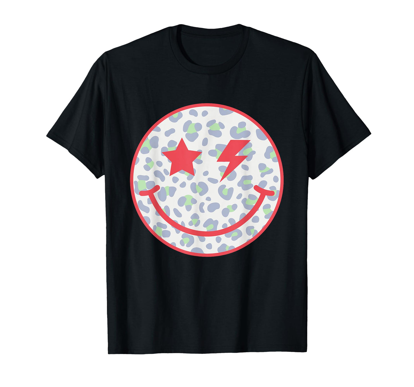 Retro Happy Face Leopard Checkered Pattern Smile Face Trendy T-Shirt