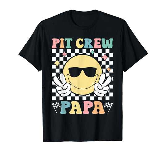 Pit Crew Papa Checkered Flag Race Car Birthday Family Racing T-Shirt