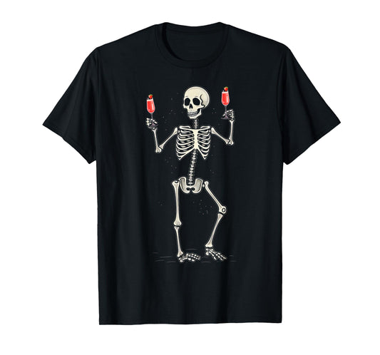 Funny Halloween Skeleton Drinking Strawberry Mimosa Cocktail T-Shirt