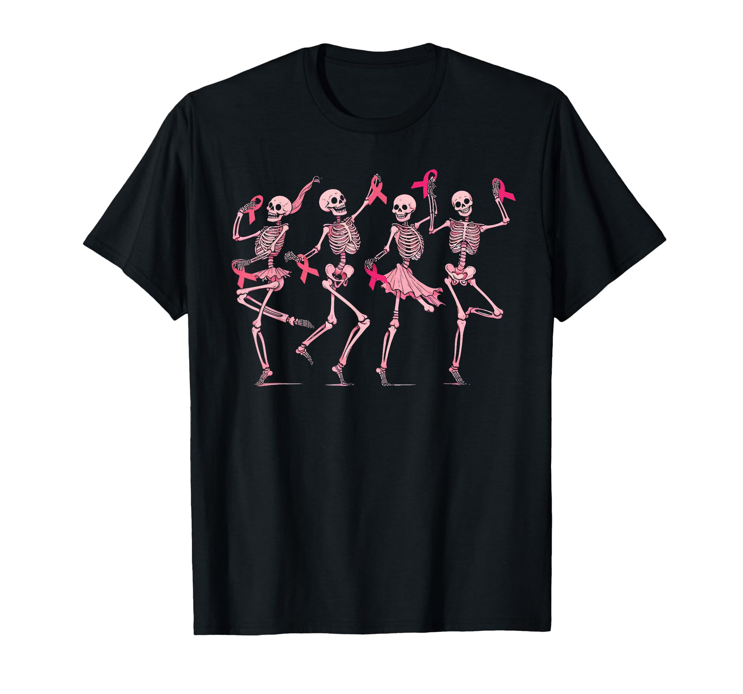 Skeleton Dancing Pink Ribbon Breast Cancer Awareness Support T-Shirt