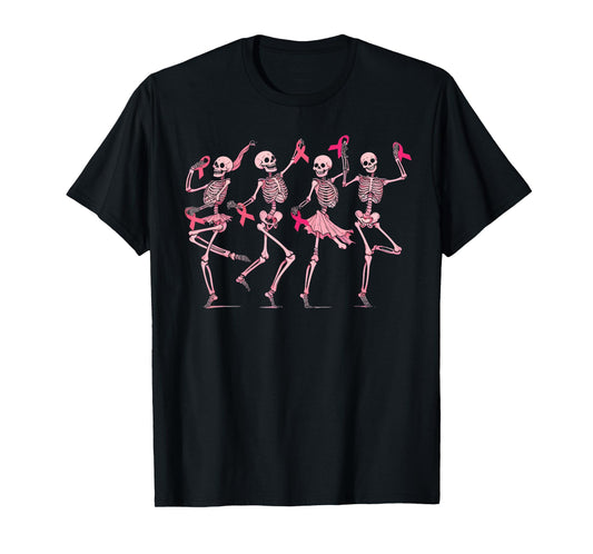 Skeleton Dancing Pink Ribbon Breast Cancer Awareness Support T-Shirt