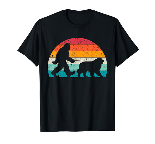 Bigfoot Walking a Dog Funny Newfie Lovers Dog Dad T-Shirt for Men Women Kids