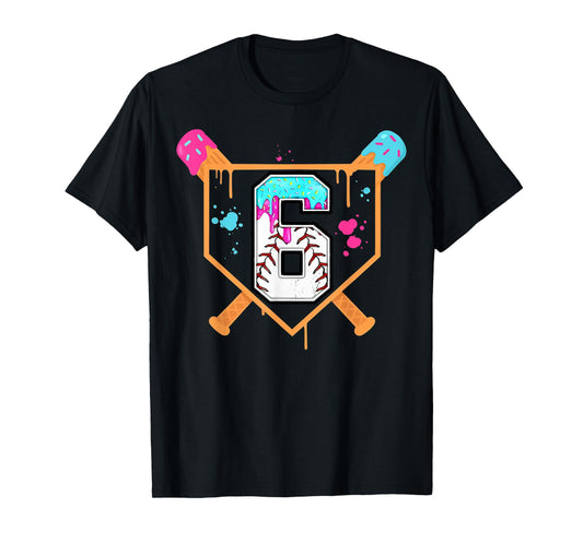 Baseball 6th Birthday Ice Cream Drip 6 Year Old Birthday Boy T-Shirt