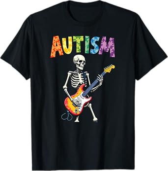 Autism Rocker Skeleton Playing Rock N Roll Guitar T-Shirt