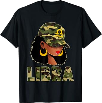 Libra Queen Camouflage Black Woman Cap Zodiac Sign T-Shirt
