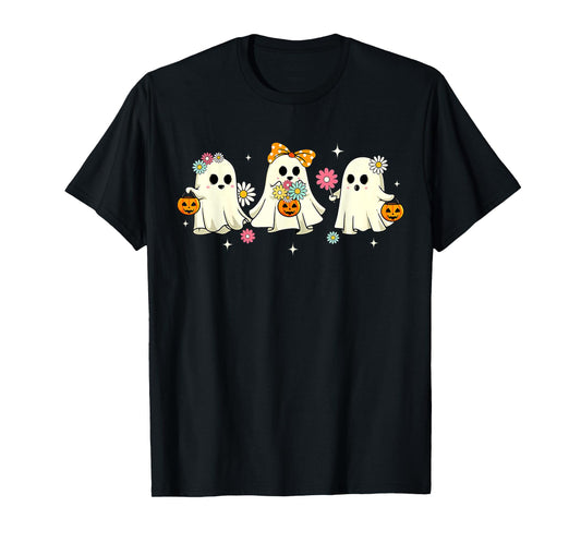 Cute Ghost Floral Groovy Vintage Halloween Spooky Season T-Shirt