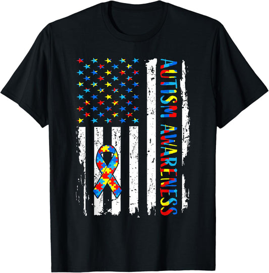 Autism Awareness Mom Dad USA flag Autistic Awareness Autism T-Shirt