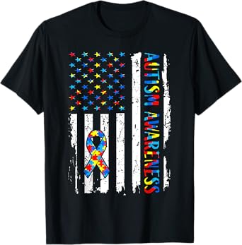 Autism Awareness Mom Dad USA flag Autistic Awareness Autism T-Shirt