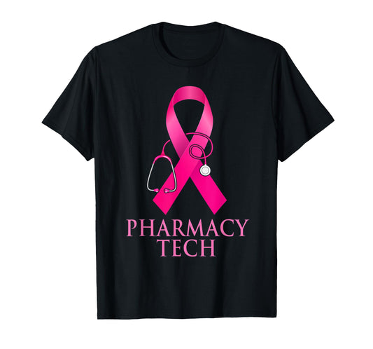 Pharmacy Tech Nurse Stethoscope Pink Heart Breast Cancer T-Shirt