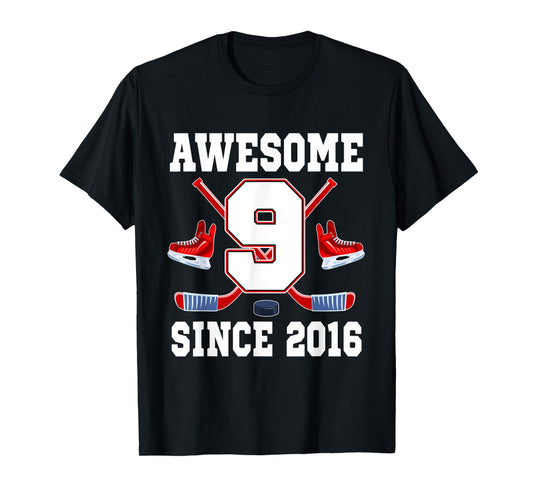 9 Year Old Birthday Ice Hockey Theme Awesome Since 2016 T-Shirt