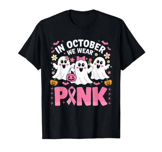 In October We Wear Pink Ghost Witch Breast Cancer Awareness T-Shirt