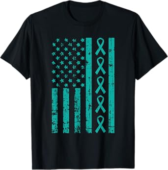 American Flag Teal Ribbon Cool Ovarian Cancer Awareness Gift T-Shirt