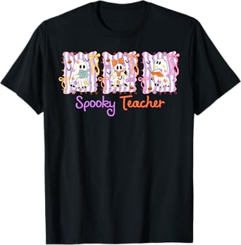 Coquette Bow Spooky Teacher Halloween Ghost Trick Or Teach T-Shirt