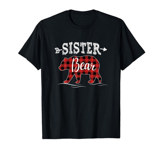 Cute Sister Bear Dark Red Pleid Xmas Pajama Family Girl T-Shirt