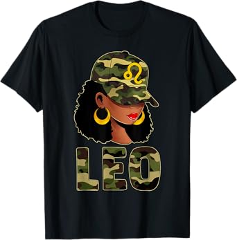 Leo Queen Camouflage Black Woman Cap Zodiac Sign T-Shirt