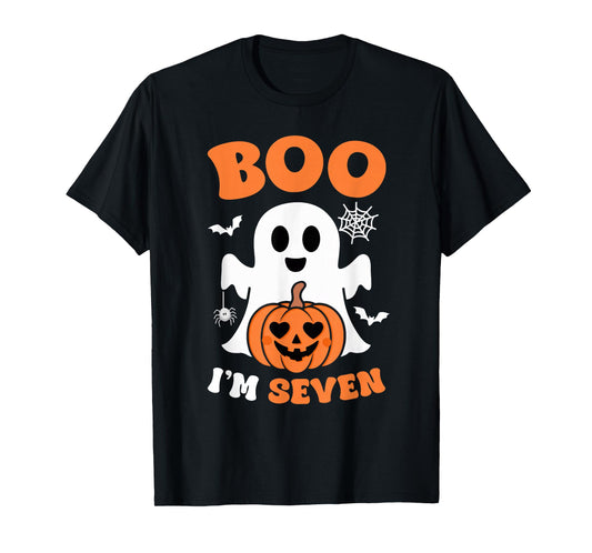 Ghost Boo I'm Seven Year 7th Birthday Boys Halloween Groovy T-Shirt