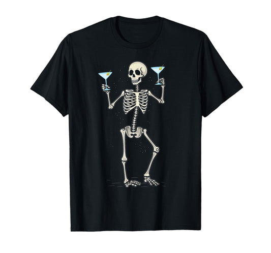 Funny Halloween Skeleton Drinking Martini Cocktail T-Shirt