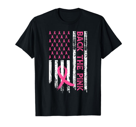 Back The Pink Ribbon USA American Flag Breast Cancer Support T-Shirt