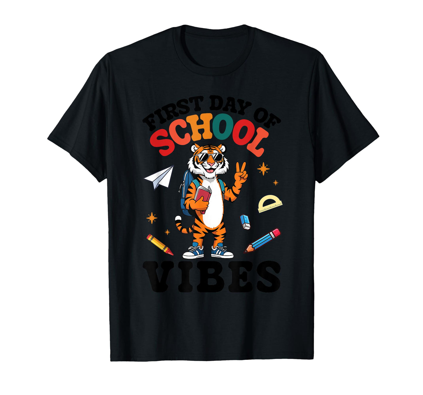 Tiger Student & Peace Sign Books First Day Of School Vibes T-Shirt