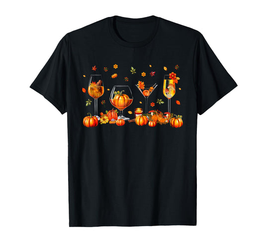 Wine Glasses Drinking Party Pumpkin Fall Season Thanksgiving T-Shirt