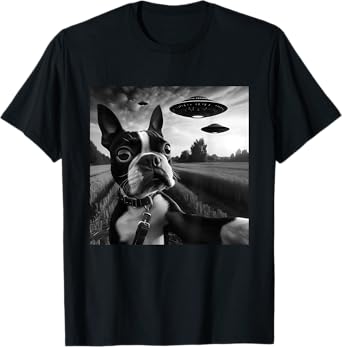 Boston Terrier Funny Graphic Selfie with UFOs Weird Aliens T-Shirt