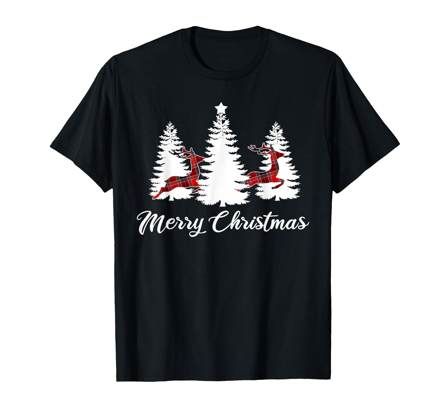 Merry Christmas Shirt for Women Buffalo Plaid Reindeer Tree T-Shirt