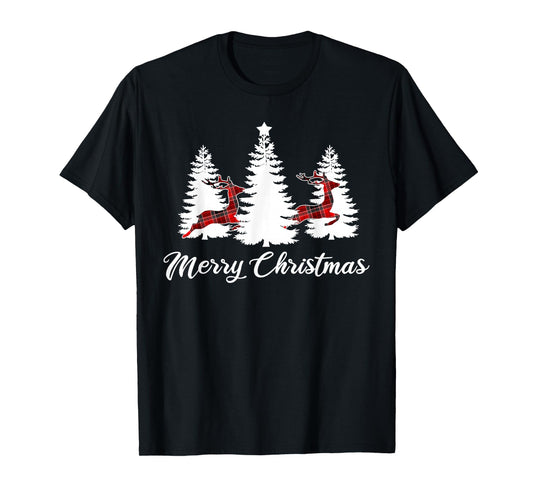 Merry Christmas Shirt for Women Buffalo Plaid Reindeer Tree T-Shirt