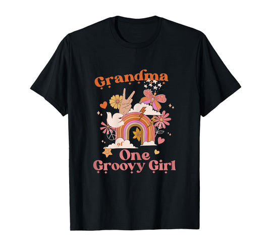 Grandma One Groovy Girl Boho Hippie Retro Rainbow Peace Sign T-Shirt