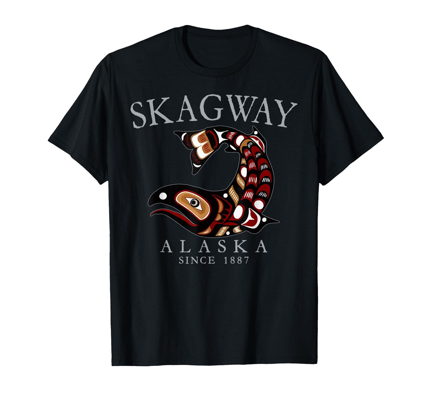 Skagway Alaska Tribal Art Salmon Since 1887 Grey Letters T-Shirt