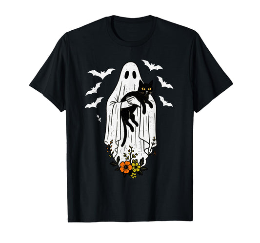 Vintage Ghost Holding Cat Halloween Kitty Meow Cat Lover T-Shirt