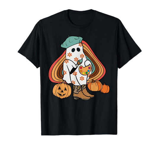 Art Teacher Painting Brushes Retro Pumpkin Ghost Artist T-Shirt