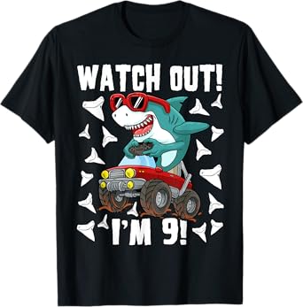 9 Years Old 9th Birthday Shark Boy Girl Monster Truck Gamer T-Shirt