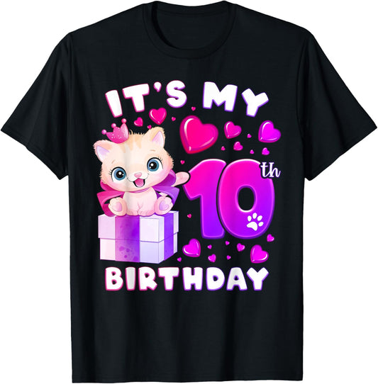 10th Birthday, Girl 10 Year, Cat, Number 10 T-Shirt