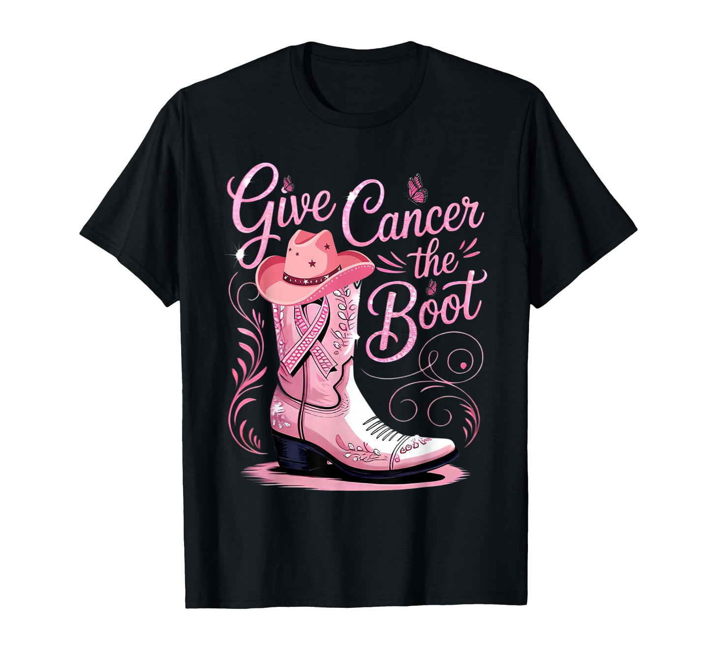 Give Breast Cancer The Boot Pink Ribbon Western Cowboy Boots T-Shirt