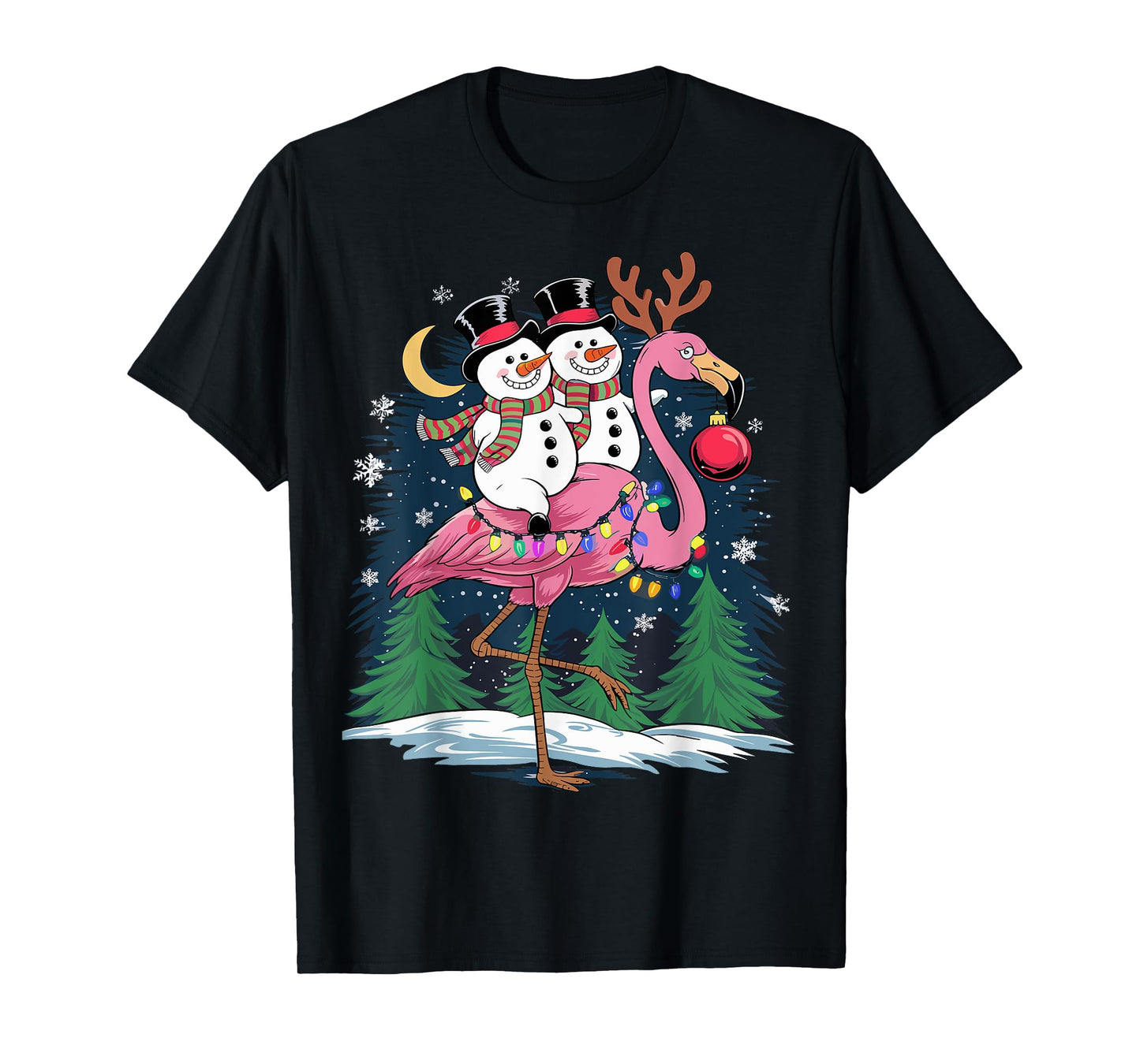 Christmas Snowman Riding Flamingo Xmas Girls Women T-Shirt
