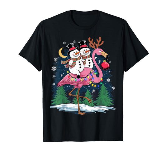 Christmas Snowman Riding Flamingo Xmas Girls Women T-Shirt