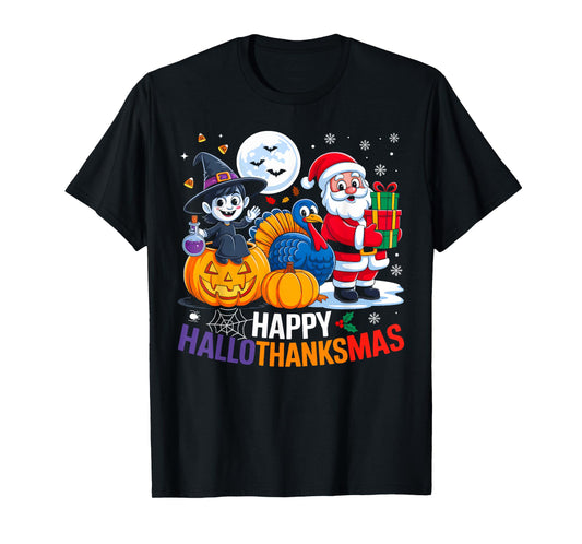 Happy Hallothanksmas Funny Halloween Thanksgiving Christmas T-Shirt